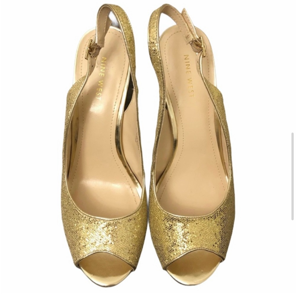 Nine West Speeler Gold Sequin Peep Toe Heels - Size 9.5
